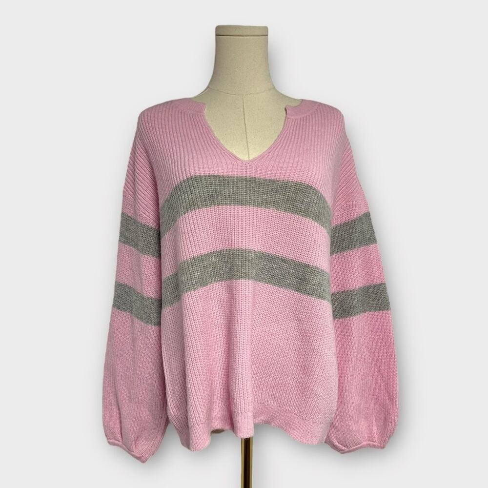 Ann Taylor Striped Balloon Sleeve Knit V-Neck Sweater Size Small